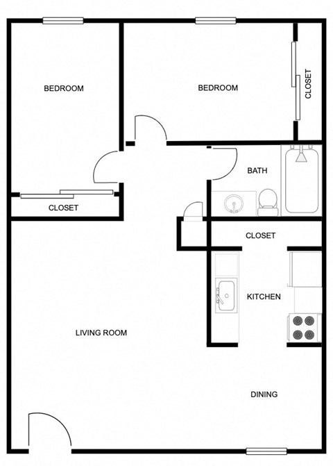 Floor plan for 2 beds, 1 bath, 750 sqft
